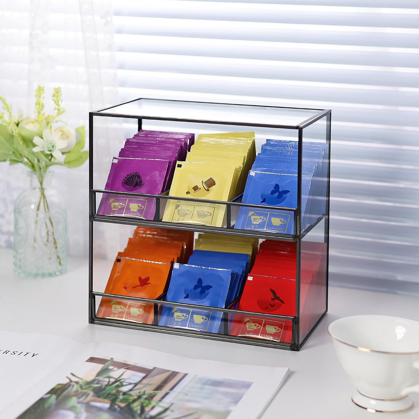 Glass Tea Bag Organizer for Counter, 2-Tier Teabag Organizer Storage Holder for Tea Bags, Glass Caddy Box Containers, Rack Teabag Station Stand for Cabinet Kitchen, 2-Tier, Black