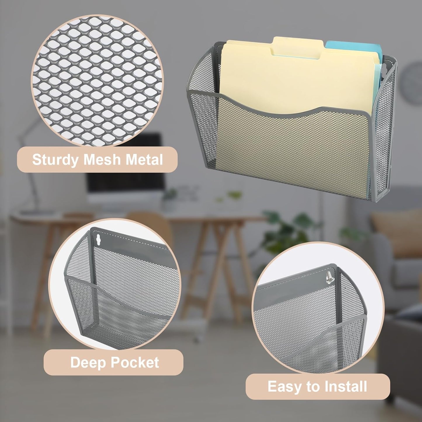 EASEPRES 3 Single Pocket Mesh Hanging File Organizer, Vertical Wall Mounted Magazine File Holder, Mount Basket Mail Paper Document Folder Organizing for Office, Home and School, Gray