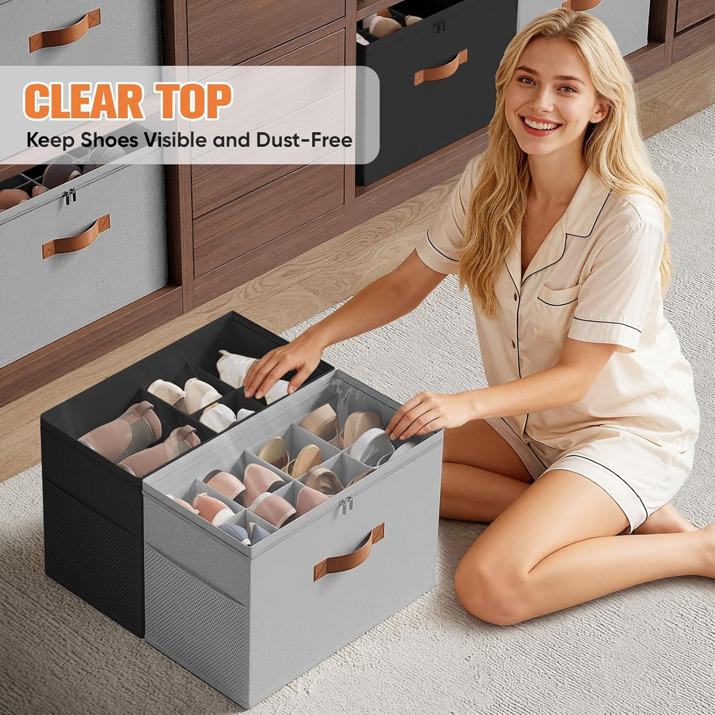 Shoe Organizer for Closet, 2 Pack Foldable Shoe Storage Organizer with Adjustable Dividers, Shoe Storage Box with Clear Cover, Fits up to 16 Pairs, Black & Gray