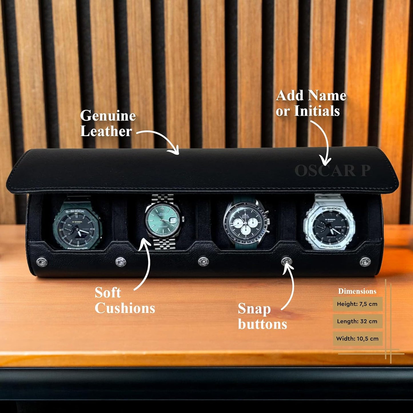DailyWatch | Personalized Watch Roll Travel Case For 4 Watches - Handmade Genuine Leather Travel Case With Custom Engraving of Name or Initials - All Black