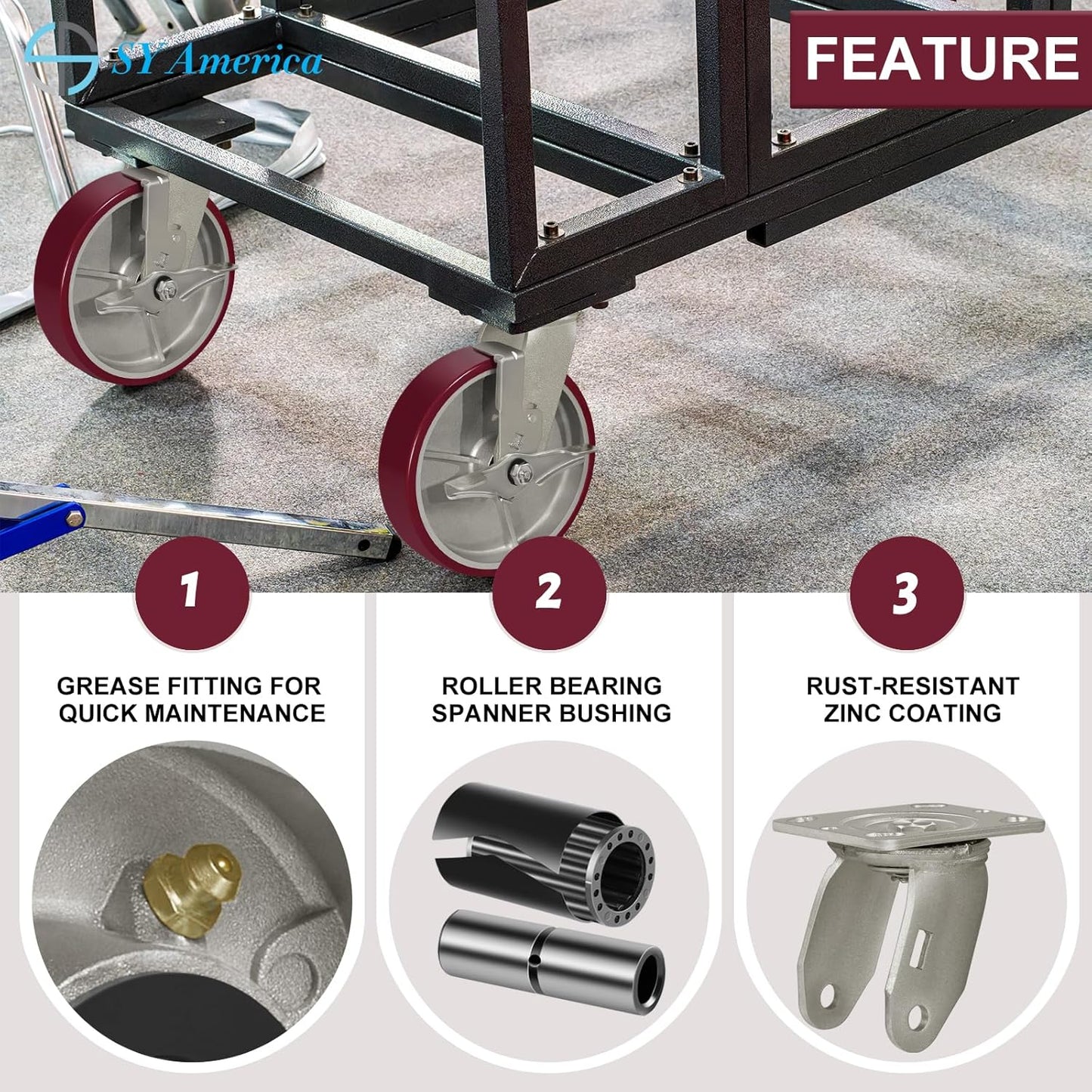 SY America 8" X 2" Casters Wheels,Heavy Duty Casters Set of 4，Polyurethane on Aluminum Wheels,4 Swivel Casters,6400 LBS Load Capacity