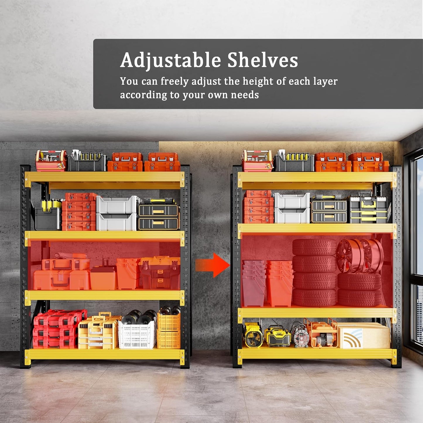4000LBS Garage Shelving 48" W Garage Shelving Heavy Duty 4-Tier Metal Storage Shelves Adjustable Shelf Unit Storage Rack for Basement Supermarket Warehouse 48" W x 24" D x 78" H Yellow