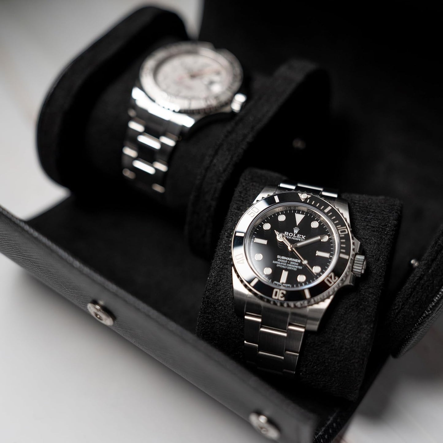 DailyWatch | Watch Roll Travel Case For 2 Watch | Luxury Watch Case In Genuine Saffiano Black Leather With Soft Velvet Interior | Watch Case Protect, Store, & Display Your Watches | All Black