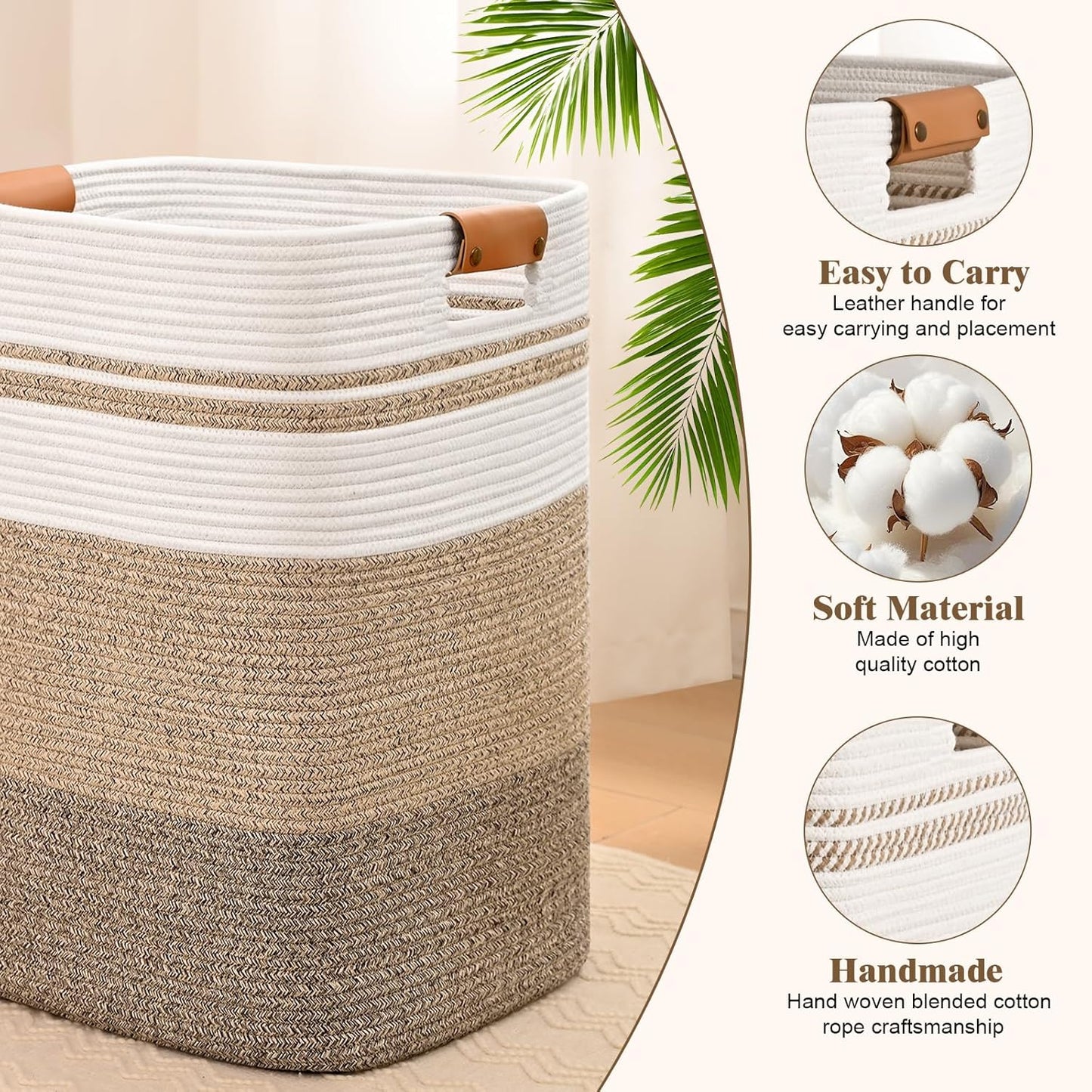 Laundry Hamper, 85L Tall Laundry Basket with Leather Handles, Rectangle Large Clothes Hamper for Organizing, Cotton Woven Laundry Baskets Storage Hampers for Bedroom, Nursery, Living Room