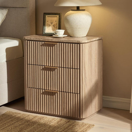 Fluted Nightstand with 3 Drawers, Engineered Wood Bedside Table with Faux Marble-Top, Modern End Table with Curved Corners, Metal Handle, Large Night Stand for Bedroom, Office, Closet, Natural Oak