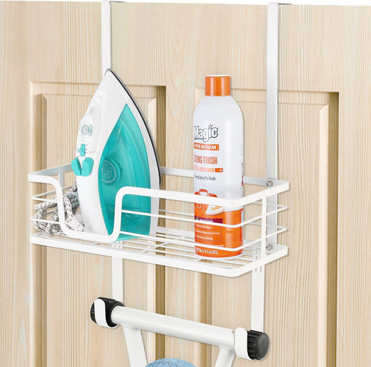 KES Ironing Board Hanger, Over The Door Ironing Board Holder, T-Leg Ironing Board Door Hanger for 1 3/4" Door, Metal Iron Holder White, HIR500B-WH