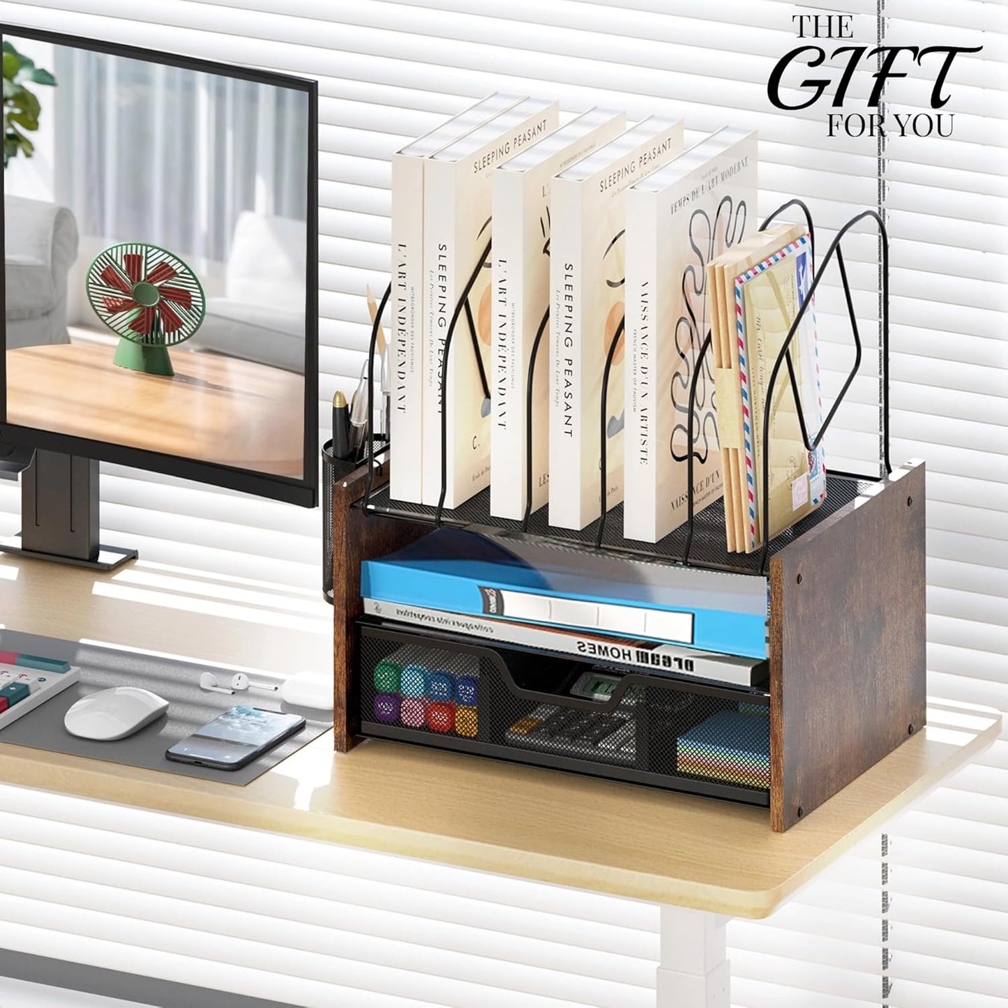 Wood Desk Organizer - 2-Tier Desktop File Organizer with Drawer with Vertical File Holder, Wooden Paper Tray, Office Desk Organzier and Accessories for Papers, Mail, Notebooks, Stationery