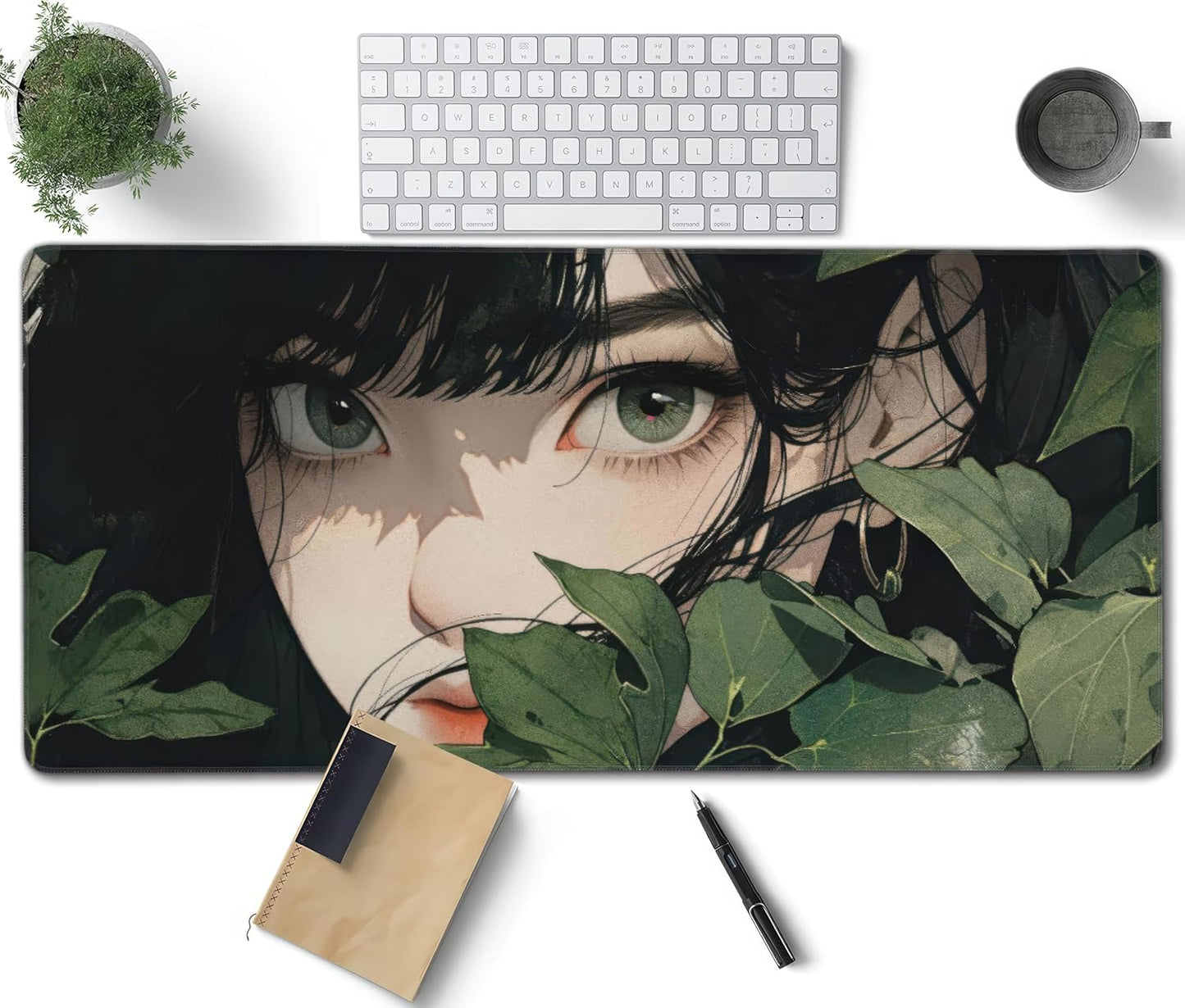 Girl in Foliage Large Mouse Pad, Anime Style Gaming Desk Mat, XXL Keyboard Desk Pad Mat for Desktop, 35.4"x15.7" Non-Slip Base Big Mousepad with Stitched Edges