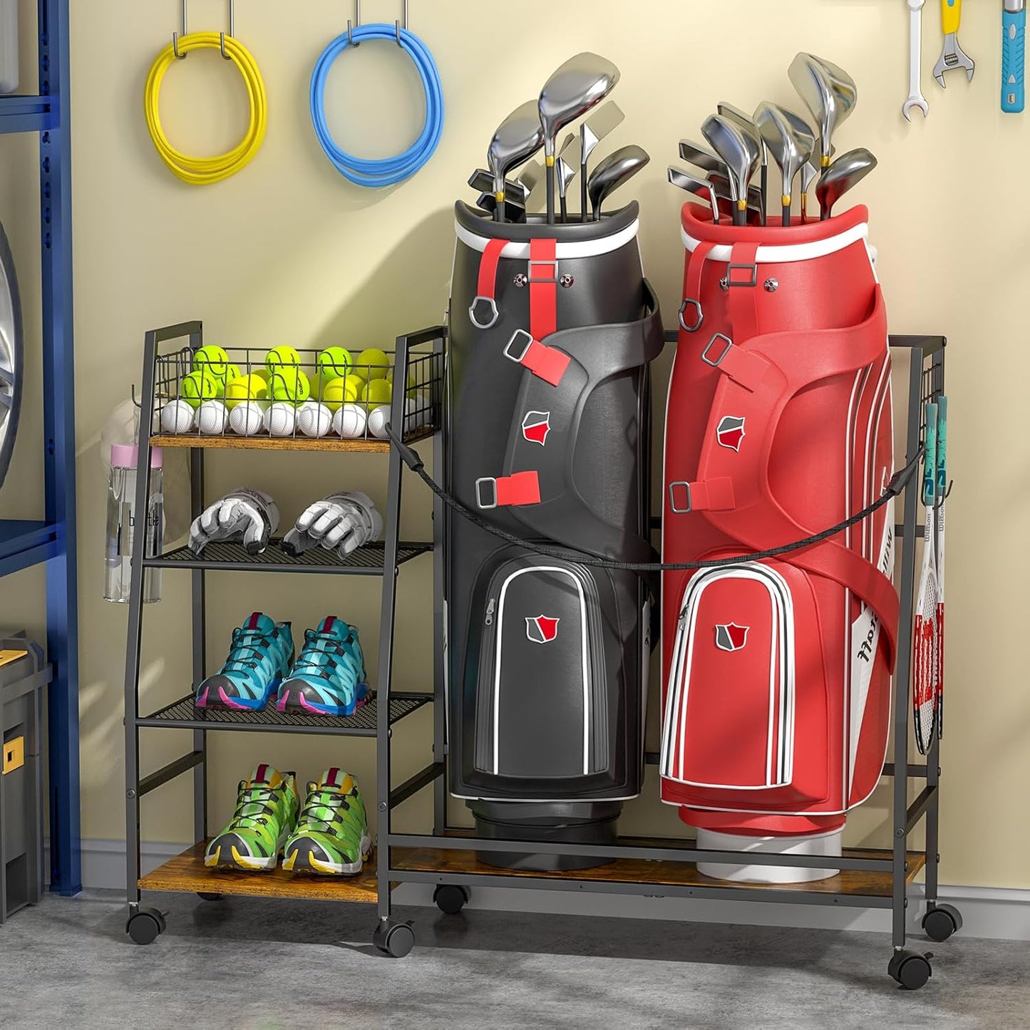 Golf Bag Storage Rack for Garage with Wheels, Organizer for Golf Bag and Equipment Accessories, Golf Organizer Stand Ideal for Home, Garage, Club, Shed, Basement - Sturdy and Durable (Black)