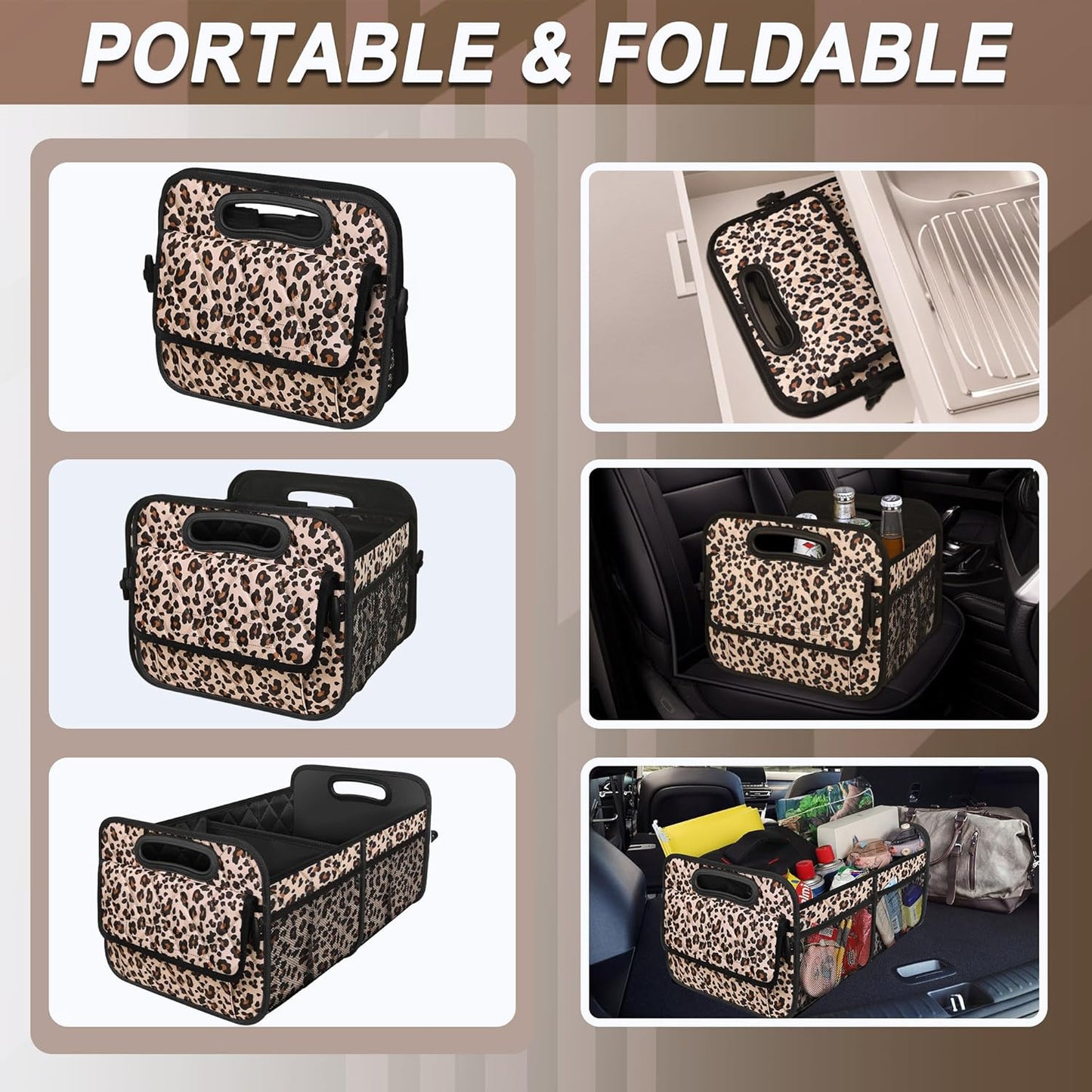 Deosk Trunk Organizer for SUV, Car Organizers and Storage with 6 Pocket, Car Accessories for Women/Men - Large, Leopard Print