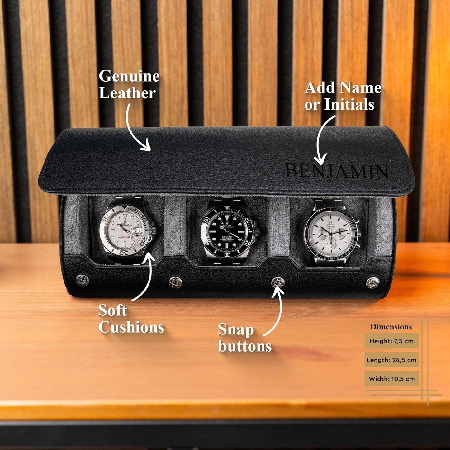 DailyWatch | Personalized Watch Roll Travel Case For 3 Watches - Handmade Genuine Leather Travel Case With Custom Engraving of Name or Initials -