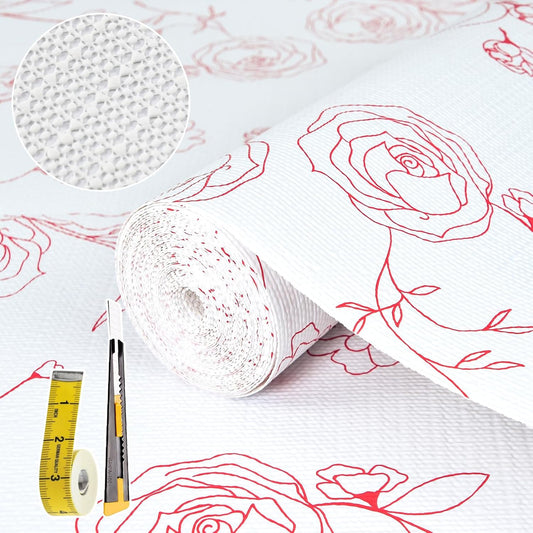 Shelf Liners for Kitchen Cabinets 12in x 20FT Non Adhesive Drawer Liner Red and White Floral Thickened Shelf Liner Paper Strong Non-Slip Easy to Clean for Tool Box with Knife and Tape Measure
