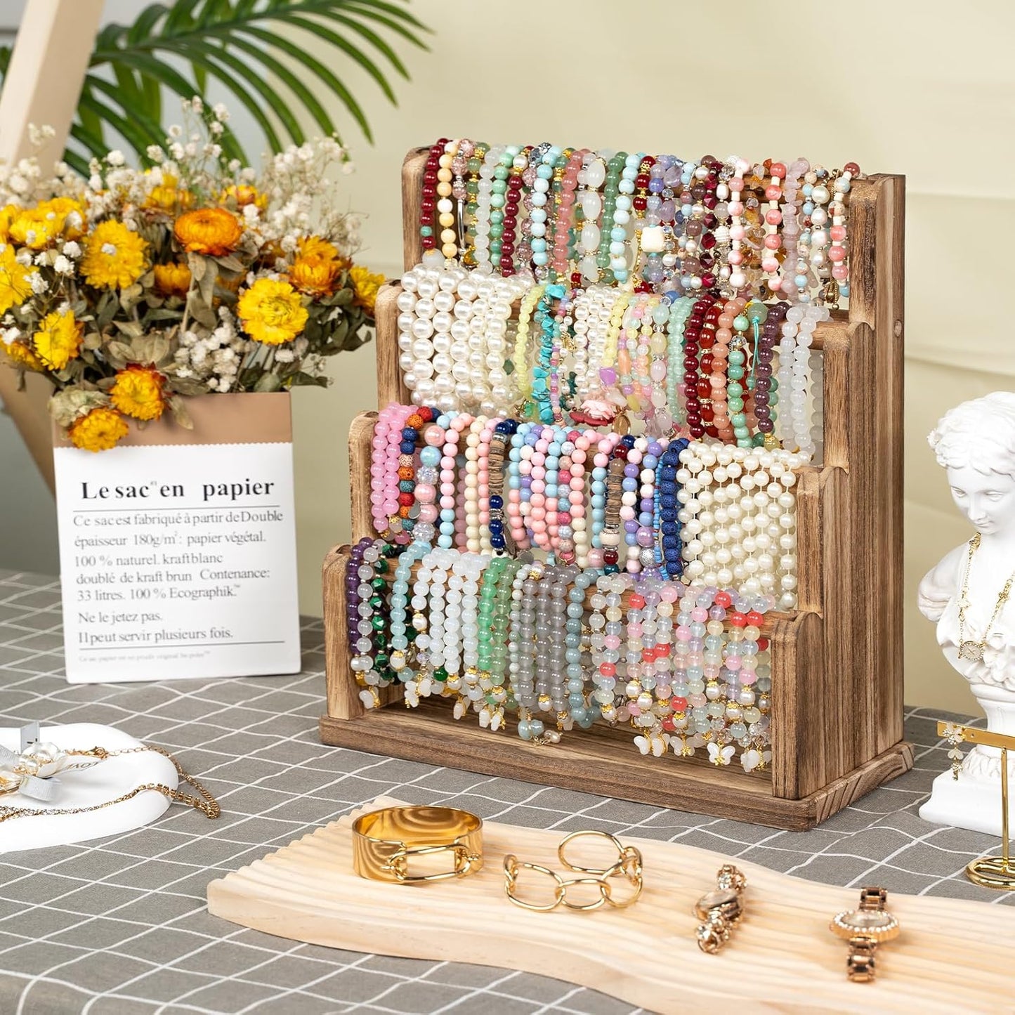 Emfogo Bracelet Holder, 4 Tier Bracelet Organizer Storage for Bracelets Bangles Watch Scrunchies, Rustic Wood Jewelry Organizer Display for Home, Vendors, Craft Shows and Store(Rustic Brown)