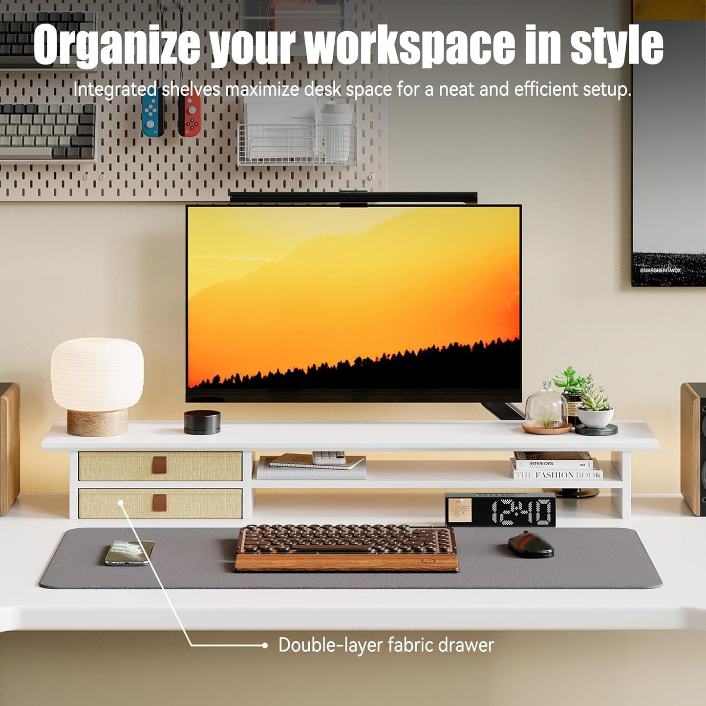 Dual‑Tier Monitor Stand Riser with Drawers, Desktop Organizer Shelf Storage for Computer Screen 2 Monitors, Supports for PC Computer Monitor, Printer, Heavy TV Riser White