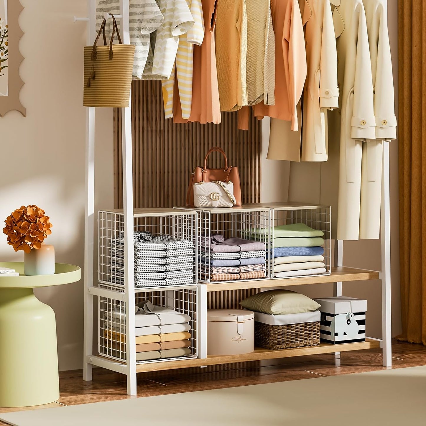 4 Pack Closet Organizers and Storage with Wood Top, Stackable Closet Shelf Organizer, Double Storage Design, Clothes Storage Basket/Cube Organizer for Wardrobe, Sturdy, White (Patent Pending) ﻿