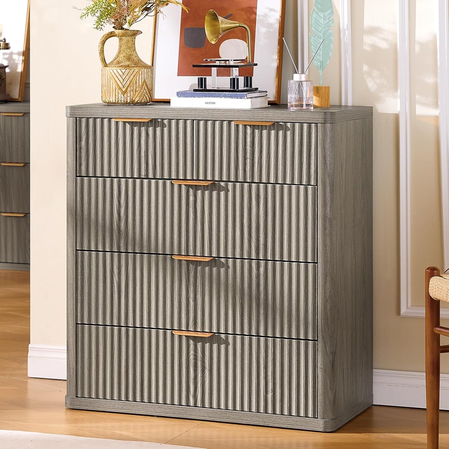 LEYAOYAO Fluted 5 Drawers Dresser for Bedroom Set of 2, 34" Tall Modern Chest of Drawers with Metal Handle, Curved Profile Design,Grey Wood Drawer Organizer for Bedroom, Living Room, Hallway