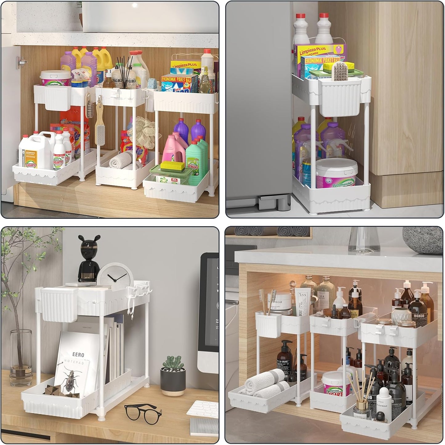3 Pack Under Sink Organizers, 2-Tier Multi-Use Kitchen and Bathroom Organizers and Storage with Sliding Drawers，Bathroom Cabinet Organizer (White, 12.8 Inch)