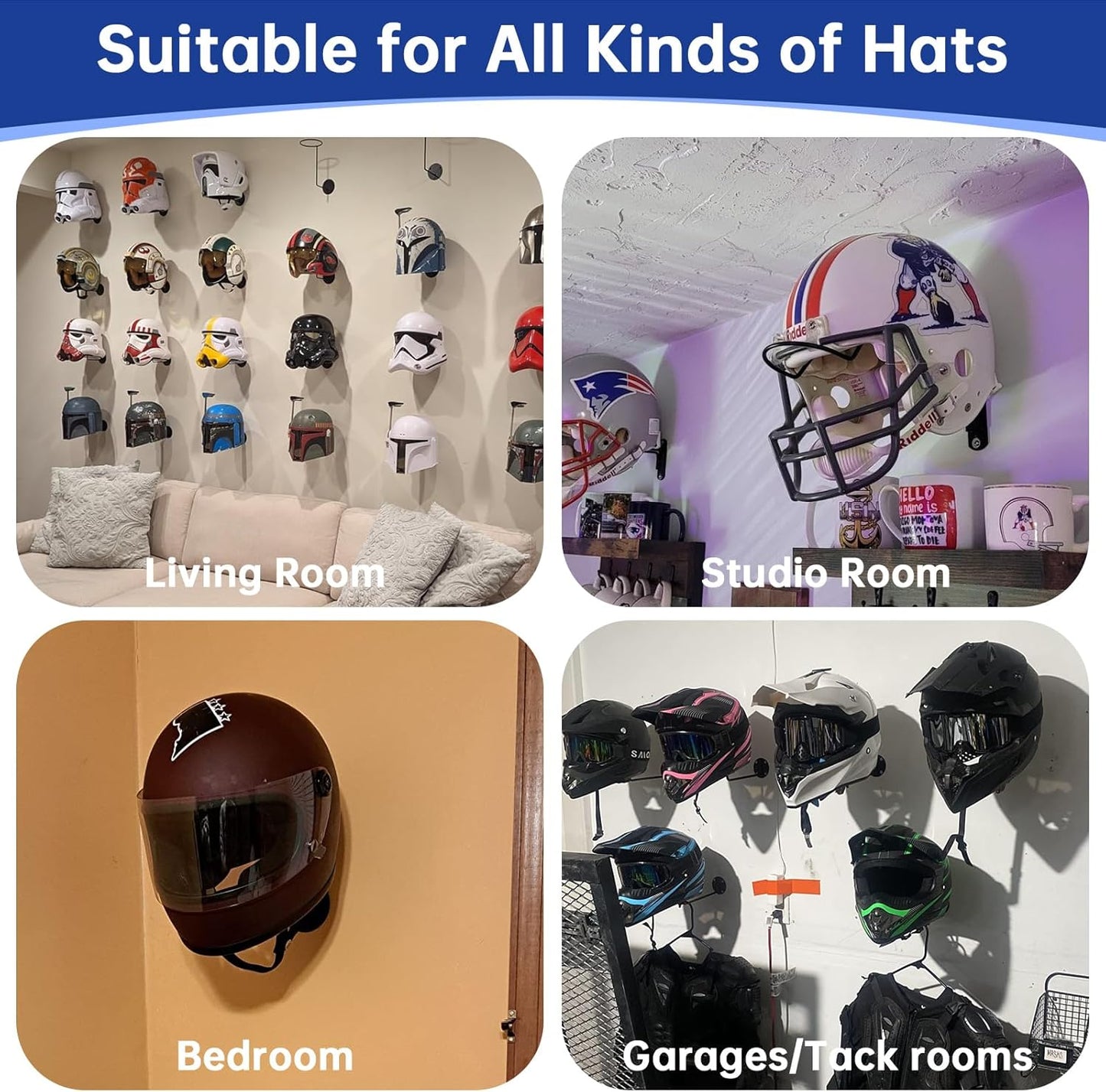 2-Pack Wall-Mounted Multi-Purpose Helmet Storage Display Rack - Durable Metal Hanger Hook for Equestrian, Motorcycle, Baseball, Hockey, Rugby & Electronic Helmets | Heavy-Duty Construction with Screws