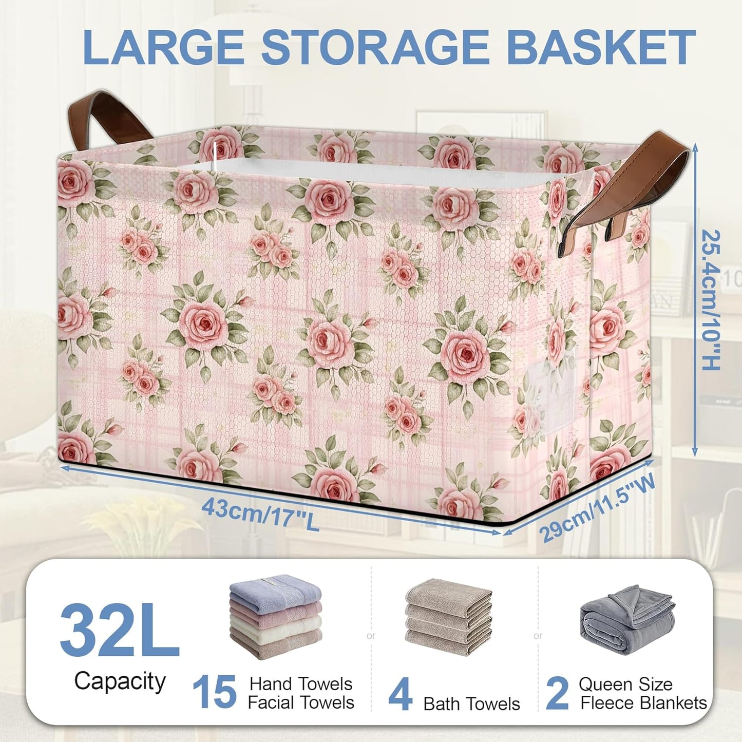 Vintage Pink Rose Storage Baskets,Foldable Large Capacity Organizer Bins with Waterproof Lining and Leather Handles for Closet,Shelf,Bedroom 17x11.5x10Inch
