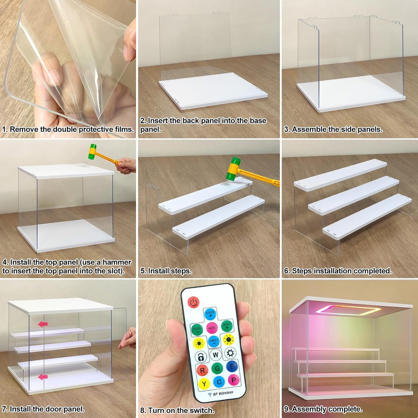 NONEMEY Clear Acrylic Display Case with Light ,3 Tier Multiple Color Lights via Remote Control Dustproof Display Box for Collectibles Figures Mini Toys (White 3Tier 12.4*7*9inch)