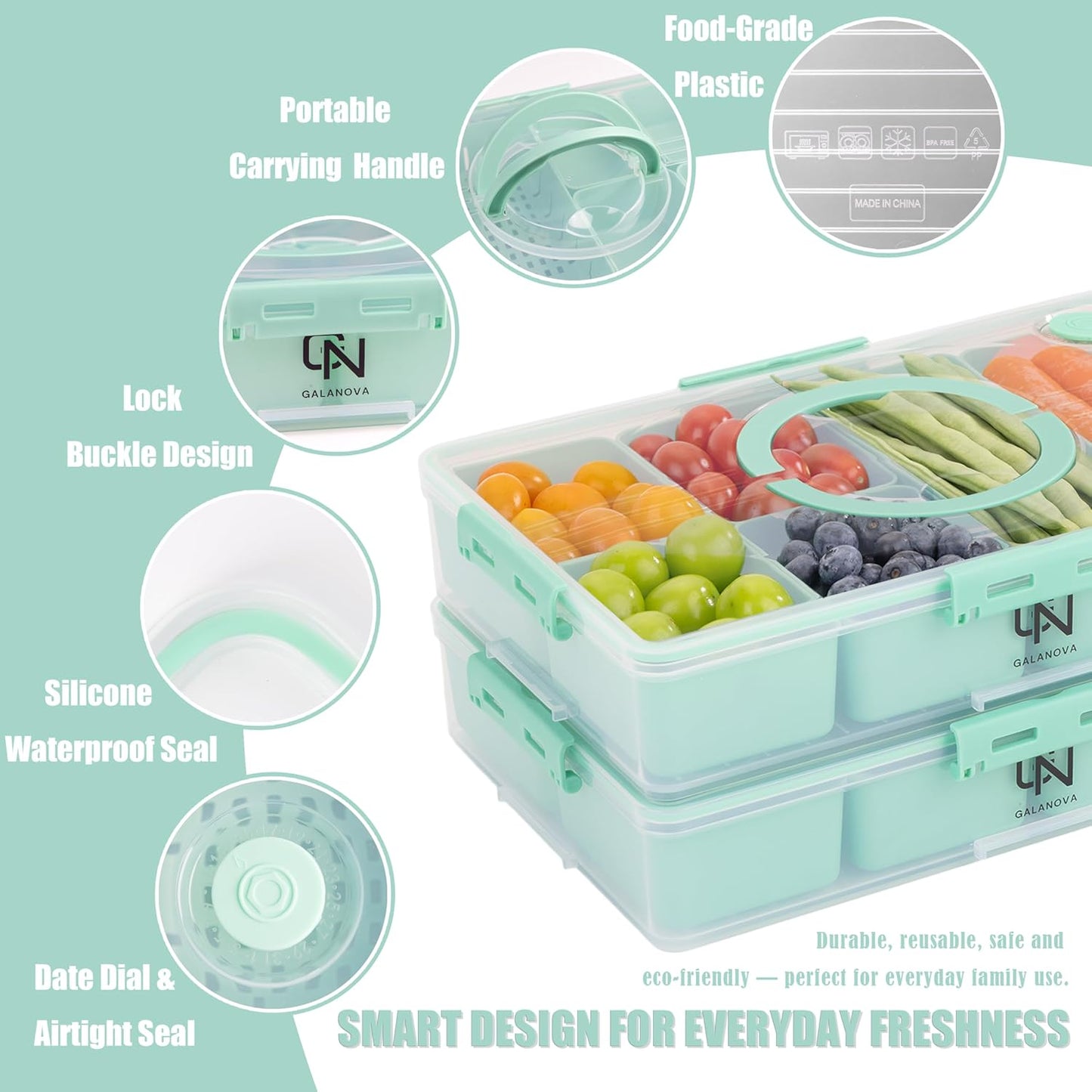 Stackable Snackle Box Container with 2 Lids, 14 Compartments - BPA-Free Snackle box Organizer, Dishwasher & Microwave Safe Reusable Snacklebox for Veggies, Fruits, Charcuterie, Snacks (Green, 2 Pack)