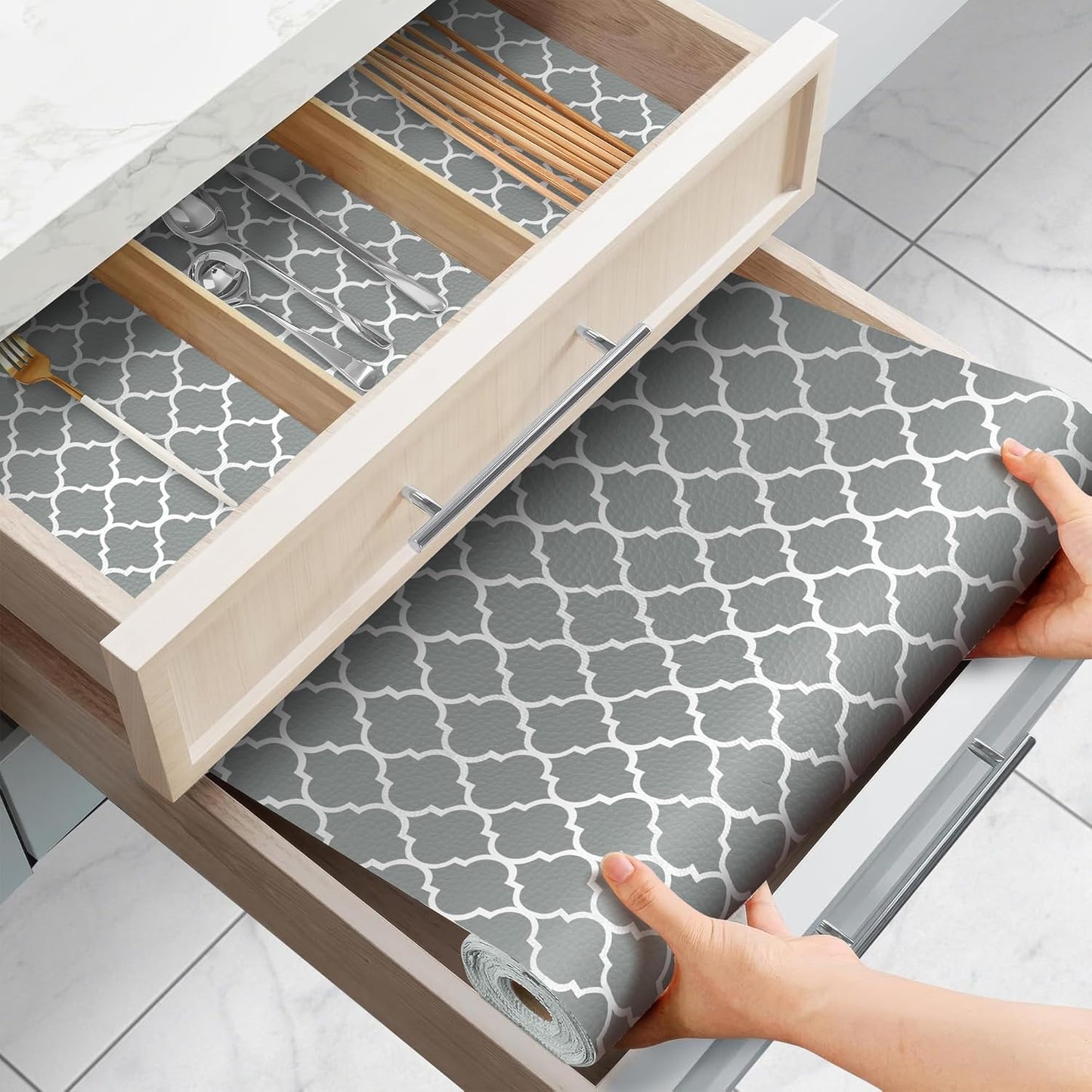 Drawer and Shelf Liner for Kitchen Cabinets Non-Adhesive, Non-Slip Cabinet Liner Shelf Paper Strong Grip Waterproof Easy to Clean for Kitchen Shelves Cupboard, Gray Lantern,12IN X 30FT