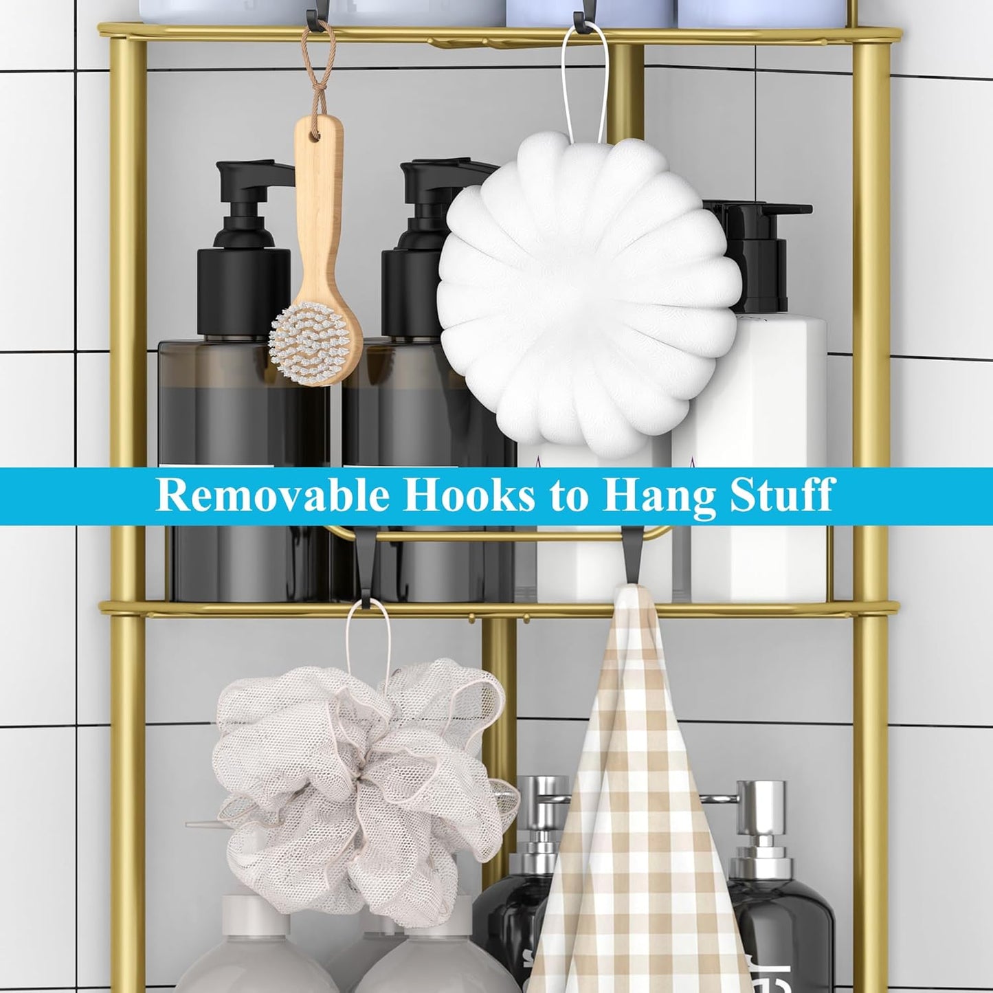 4 Tier Floor Standing Corner Shower Caddy Organizer Shelf with Hooks, Bathroom Shelves Stand Rack, Gold