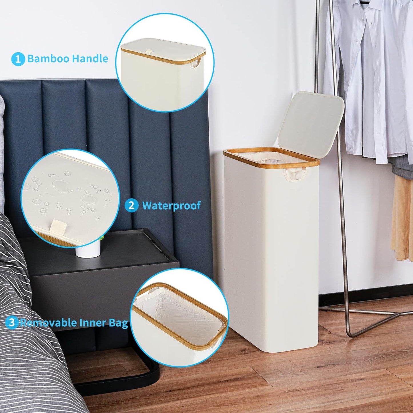 efluky Slim Laundry Basket with Lid, Narrow Laundry Hamper with Removable Bag, Skinny Dirty Clothes Basket with Bamboo Handles for Bathroom, Bedroom & Laundry Room, 75L Beige