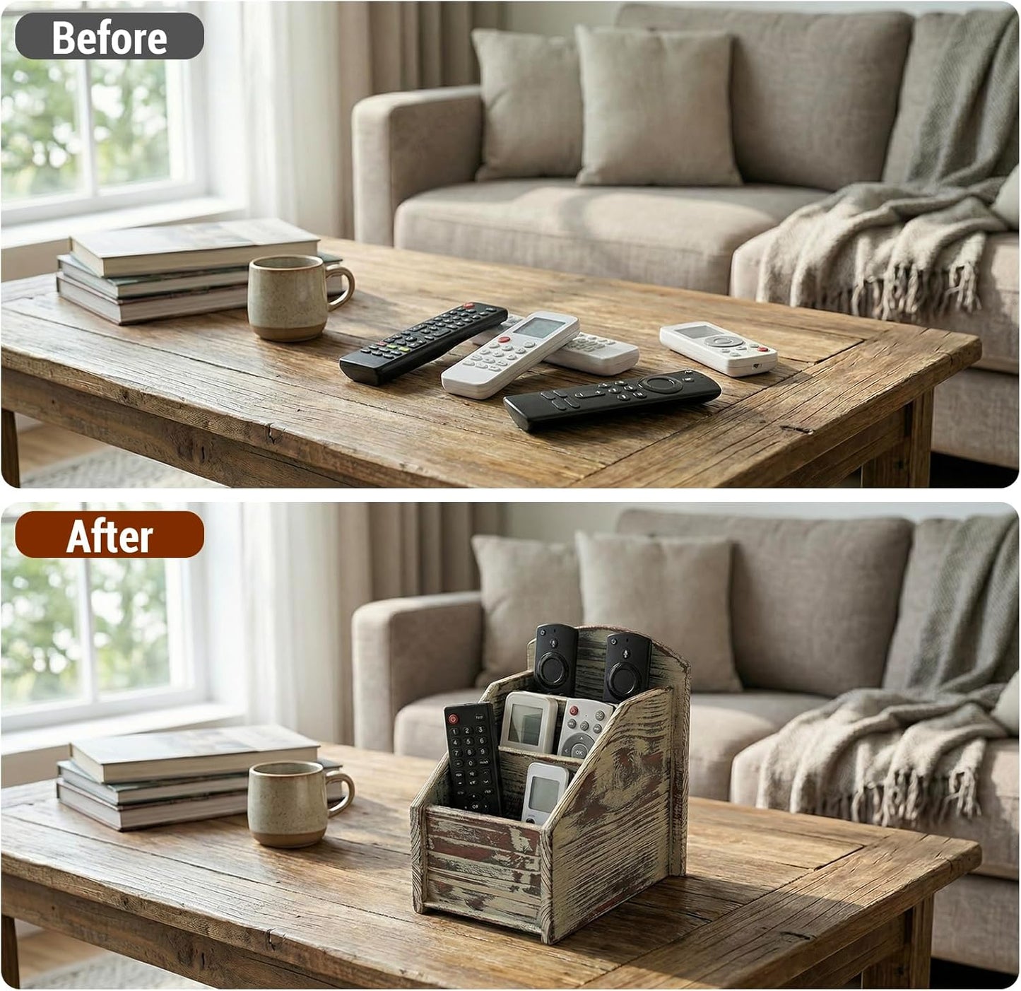 MyGift Rustic Torched Wood Remote Control Holder for Table with 3 Compartments, Living Room TV Media Organizer