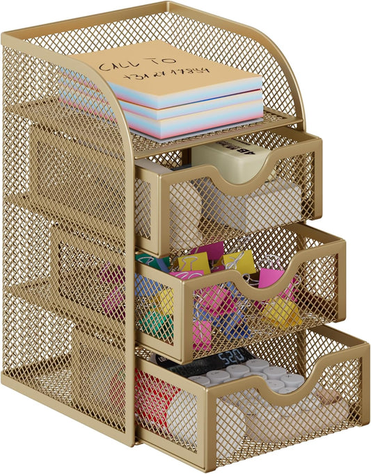 EasyPAG Mesh Desk Organizer with 3 Drawer Office Desktop Organizers and Accessories Stationery Caddy for Office, Home, Students, Gold