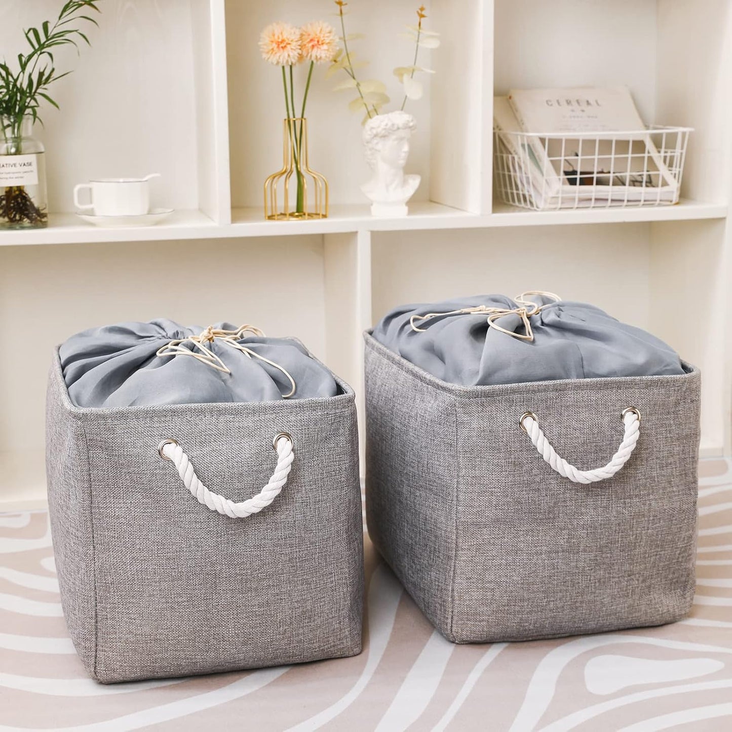 combocube 16 x 12 x 12 Inch Fabric Storage Bins for Shelves, Linen Storage Organizer Storage Basket with Ropes for Laundry, Home, Closet, Office, Clothes, Toys Organizer