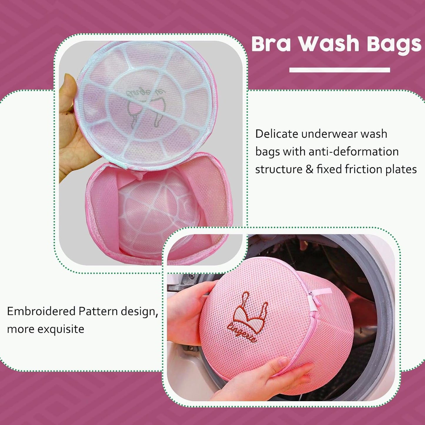 Large Bra Laundry Bags for Washing Machine, Fits All Cups Anti Deformation Bra Washing Bag, Lingerie Bags for Washing Delicates (2 Pack Pink)