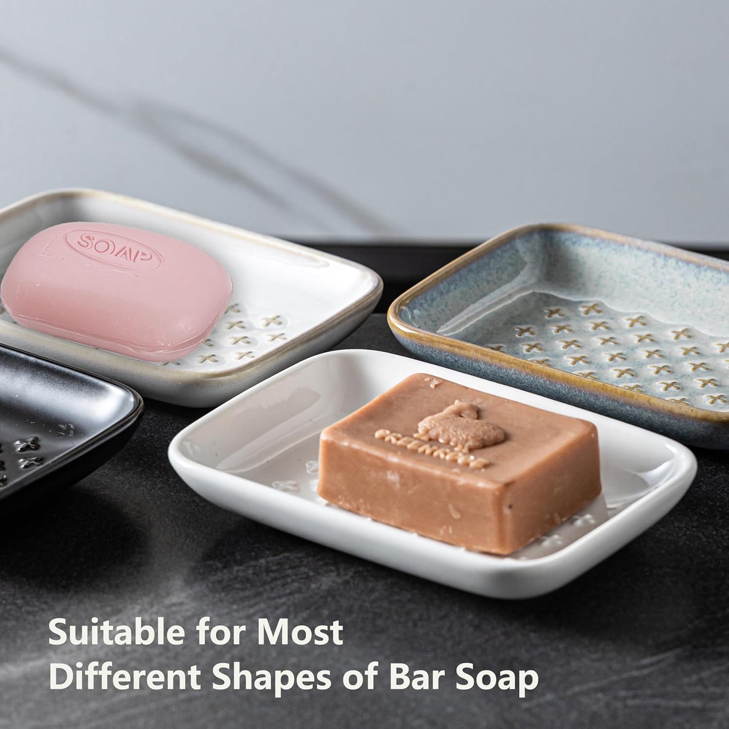 Gomakren Soap Dish, Shower Soap Holder, Christmas Ceramic Soap Dishes for Bar Soap Sponge Shampoo, Soap Saver Tray for Bathroom Kitchen Sink Counter, 5.5 Inch, White