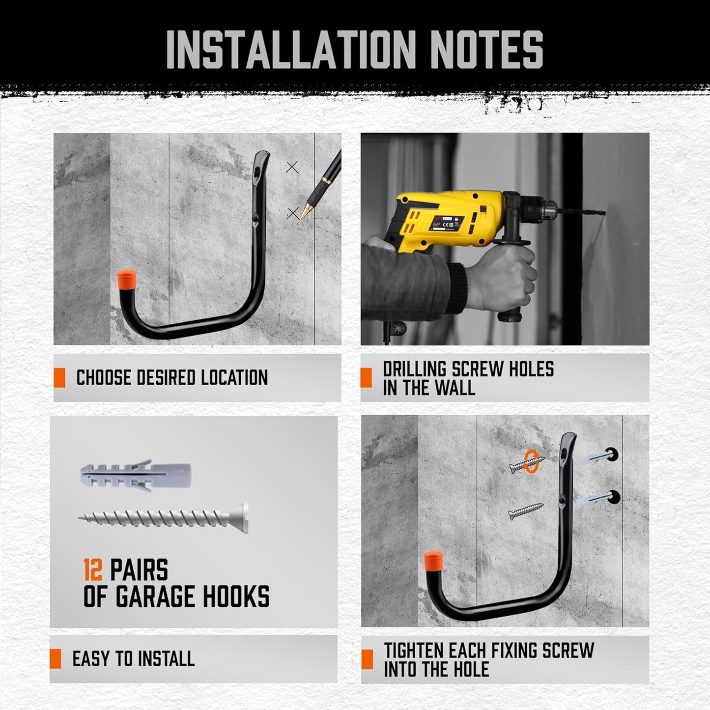 HORUSDY 6 Pack 8 Inch Heavy Duty Garage Hooks, Wall Mount Storage Hangers for Ladder, Bike, Hose, Tools, Holds up to 30LBS, Large Utility Hooks with Screws & Anchors, 7.5" x 7.68"