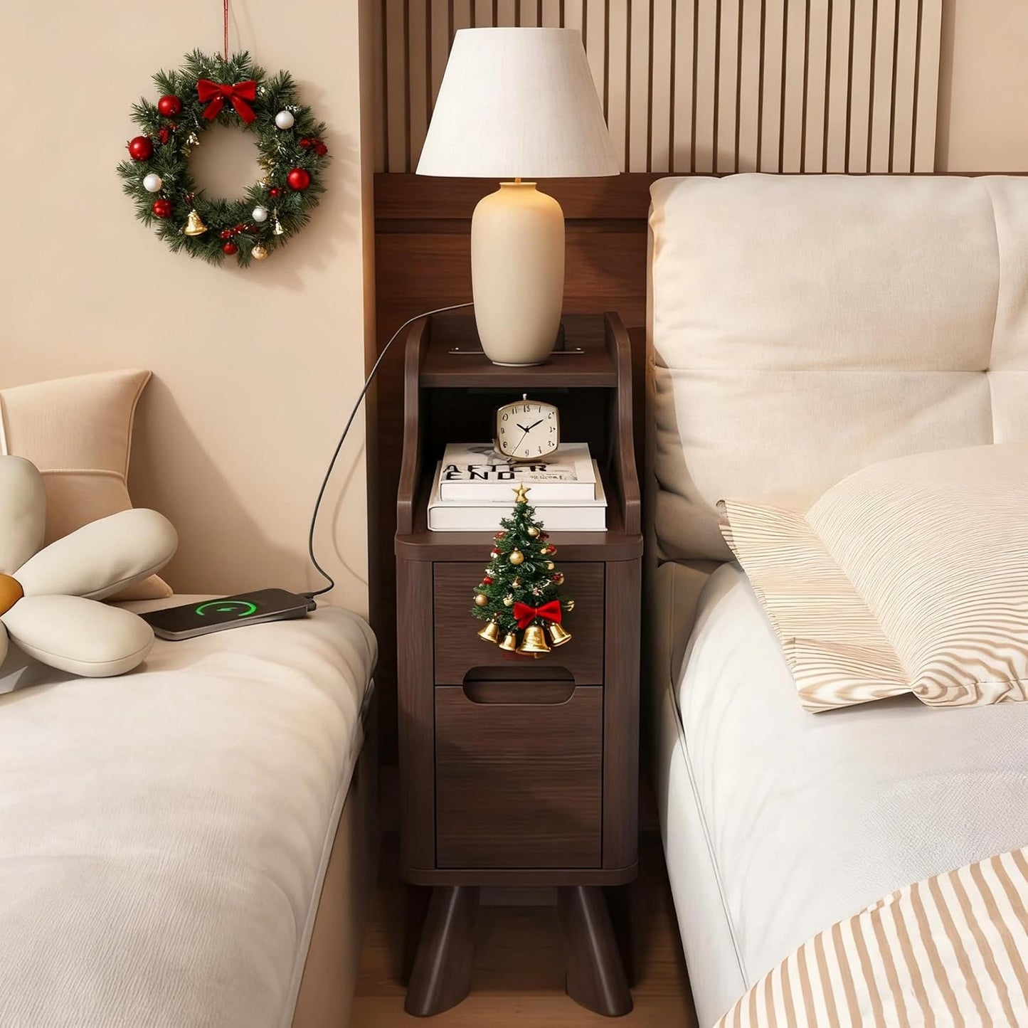 Narrow Nightstand with Drawers, Wood Night Stand with Charger Station, Narrow Bedside Table Modern Side Table Skinny End Table for Bedroom, Brown
