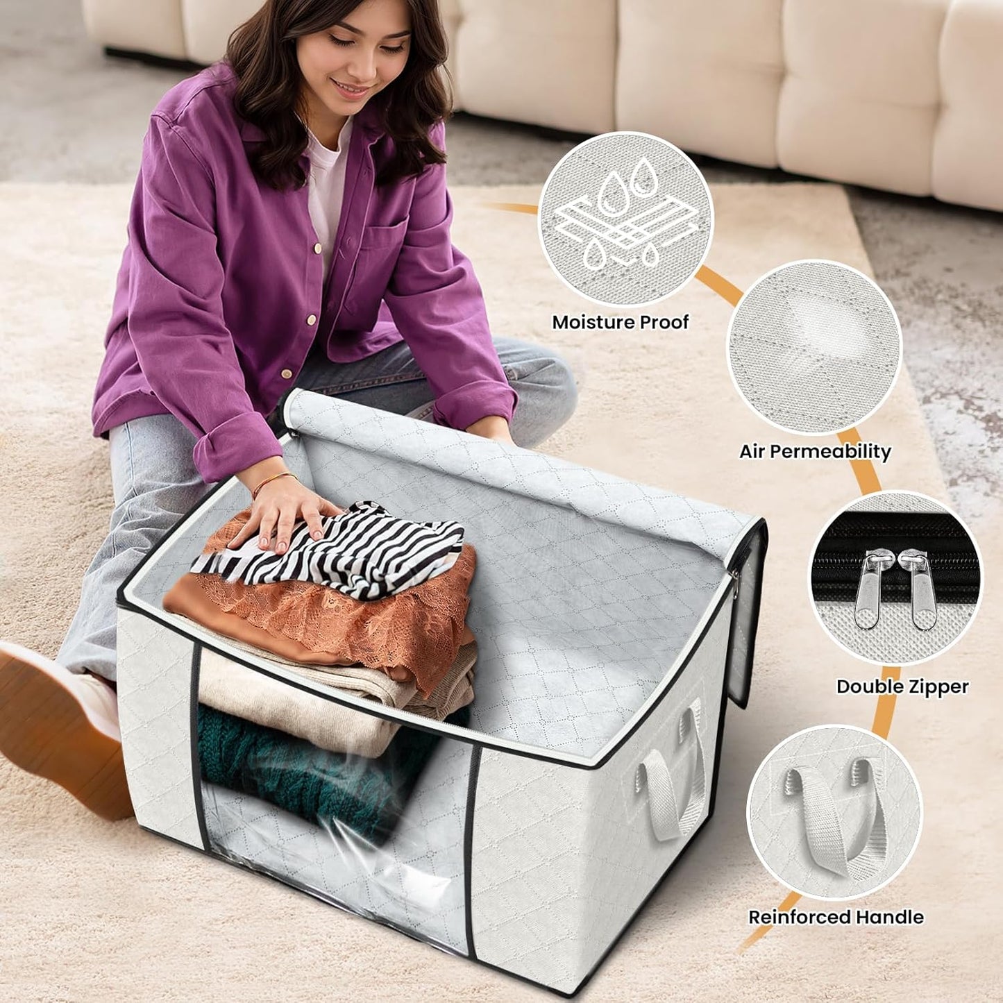 Fab totes 24 Gallons Clothes Storage, Foldable Thick Fabric Blanket Storage Bags, Containers for Organizing Bedroom, Closet, Clothing, Comforter, Organization with Handle (10 Pack,Ivory)