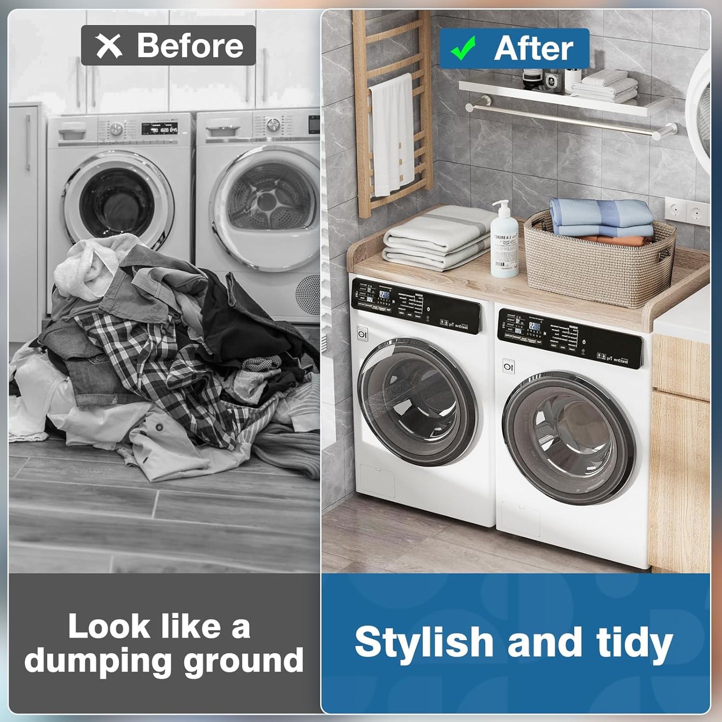 Washer Dryer Countertop 27.5" W x 54" L Laundry countertop for Storage and Organization with Edge Rails, Oak