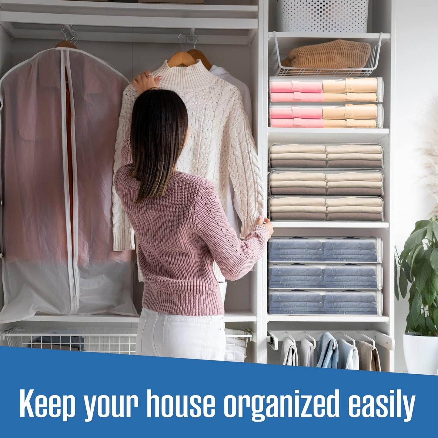 Houseables Sweater Bags Moth Proof, Clothing Storage Bags, with Zipper, Sweater Storage, Clear Zippered Organizers, Clothes, Blanket, Linen, Bedding, Quilt, Vinyl Plastic Protectors, 18x15x4”, 5 Pack.