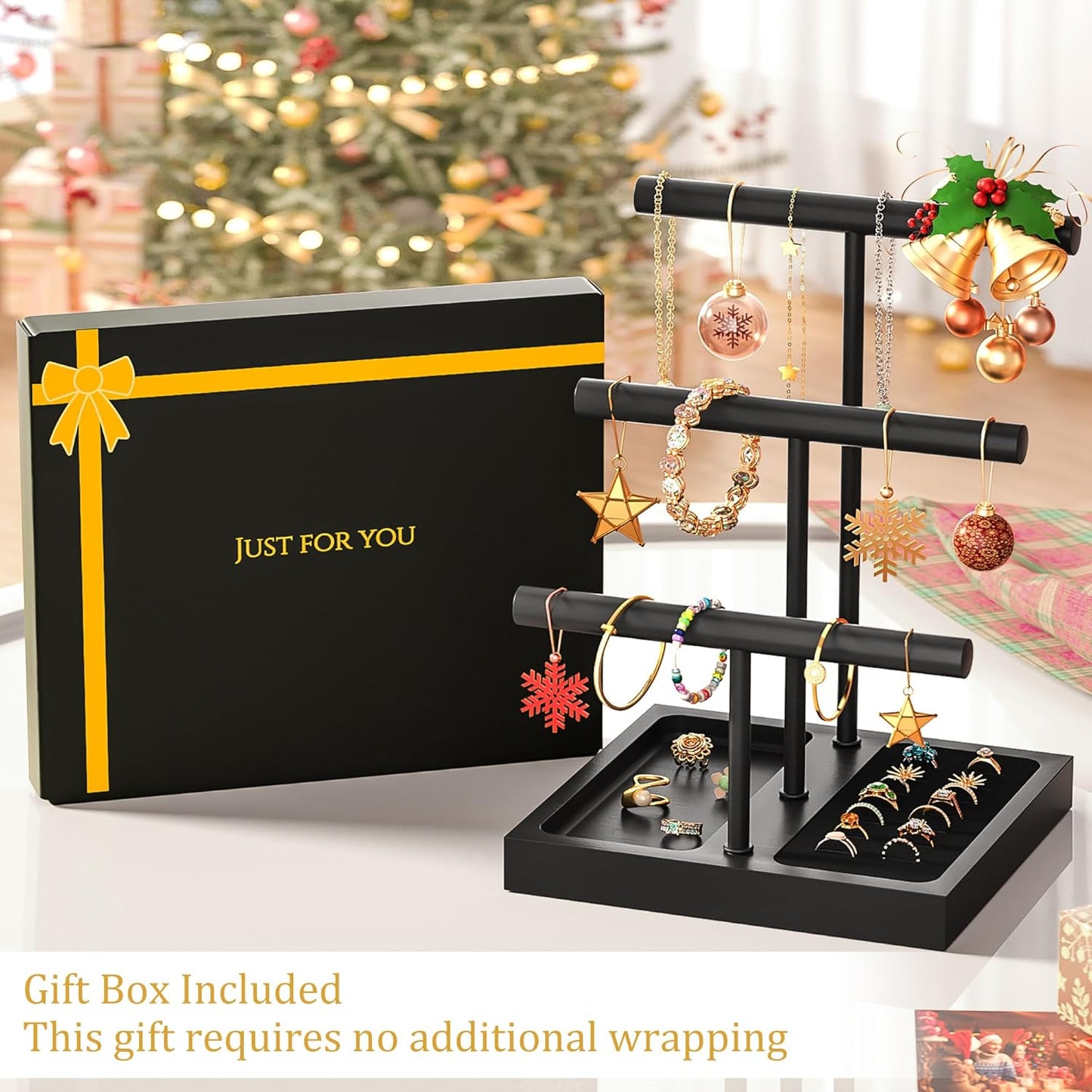 SZQINJI Bracelet Holder Display Organizer Stand, Necklace Holder Jewelry Holder Stand, Solid Wood Base with 3 Tier Metal T-bar for Bracelet Necklace Scrunchie Wristband Bangle Watch Ring, Black