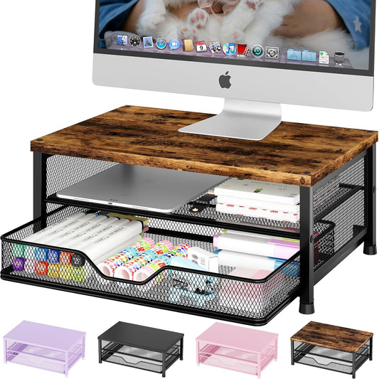 OPNICE Computer Monitor Stand Riser, Desk Organizer with Drawer, Laptop Stand, Office Desk Accessories & Workspace Desktop Organizers Storage for Office Supplies(Brown)