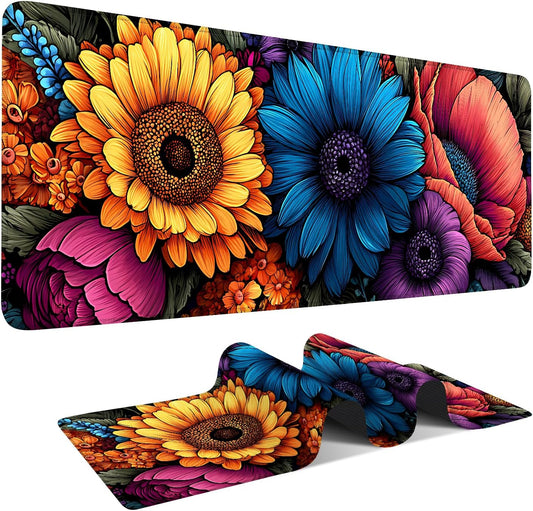 Flower Gaming Mouse Pad 31.5"x11.8"Desk Mat Anti-Slip Rubber Base & Durable Stitched Edges for Gamers Smooth Mouse Writing Surface for Desk Office/Home