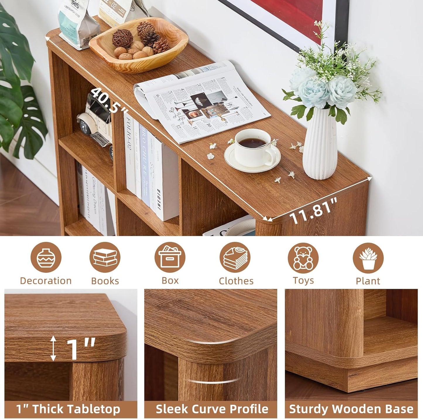 6 Cube Storage Organizer, 40" Wide Low Horizontal Book Shelf with Curved Edge, Floor Standing 2-Tier Wooden Bookshelf with Base, Modern Short Lattice Bookcase for Bedroom, Home Office, Brown