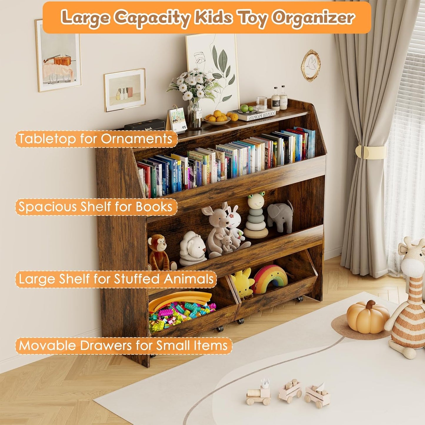 COZPAW Toy Storage Organizer, 3 Tier Montessori Shelf with Movable Bins, Toy Organizers Book Shelf for Kids Room, Playroom, Nursery (Brown)