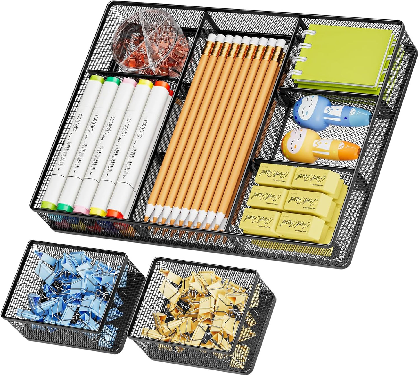 Marbrasse 3 Packs Desk Drawer Organizers, Metal Mesh Dividers Desk Drawer Organizer Tray with 9 Adjustable Compartments, Pen Organizer for Drawer Tray Box Accessories for Desktop,Kitchen, Makeup