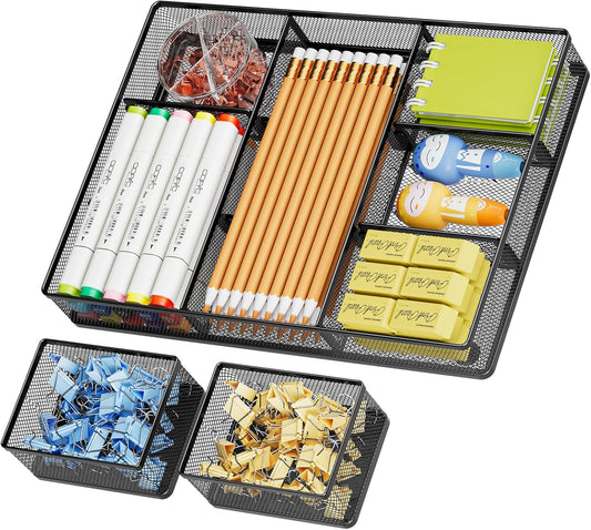 Marbrasse 3 Packs Desk Drawer Organizers, Metal Mesh Dividers Desk Drawer Organizer Tray with 9 Adjustable Compartments, Pen Organizer for Drawer Tray Box Accessories for Desktop,Kitchen, Makeup
