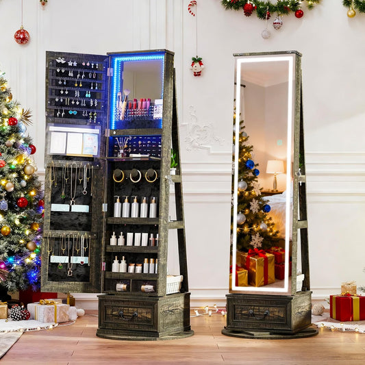 LVSOMT LED Mirror Jewelry Cabinet Standing, 360°Swivel Jewelry Armoire with Full Length Mirror, Mirror with Jewelry Storage and Large Wooden Drawer for Christmas Gifts (Rustic Grey)