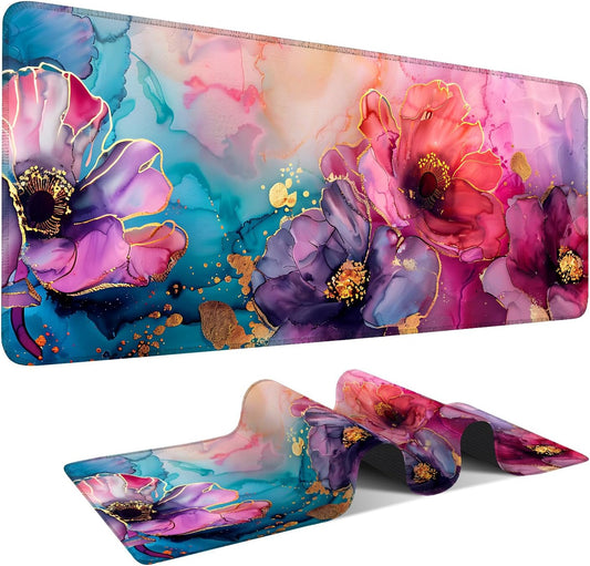 Large Mouse Pad, Floral Ink Desk Mat, Extended Gaming Mouse Pad with Non-Slip Rubber Base, Thick 3mm Smooth Surface Keyboard Mat for Office & Home，35.5 x 15.8 in
