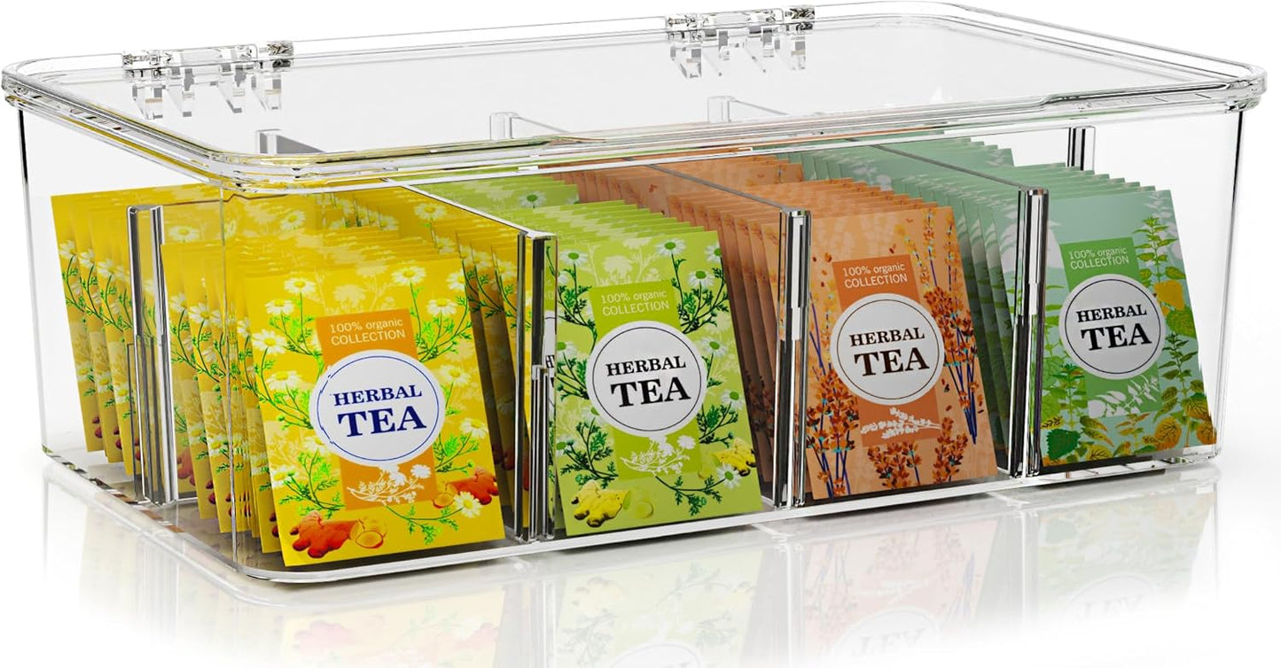 Utopia Home - Tea Bag Organizer With Lids, (1 Pack) Clear Pantry Storage Box - Stackable Partition Organizers or Holder With Lids For Drawers, Countertops, Fridge, Kitchen, Snack & Spice Organization