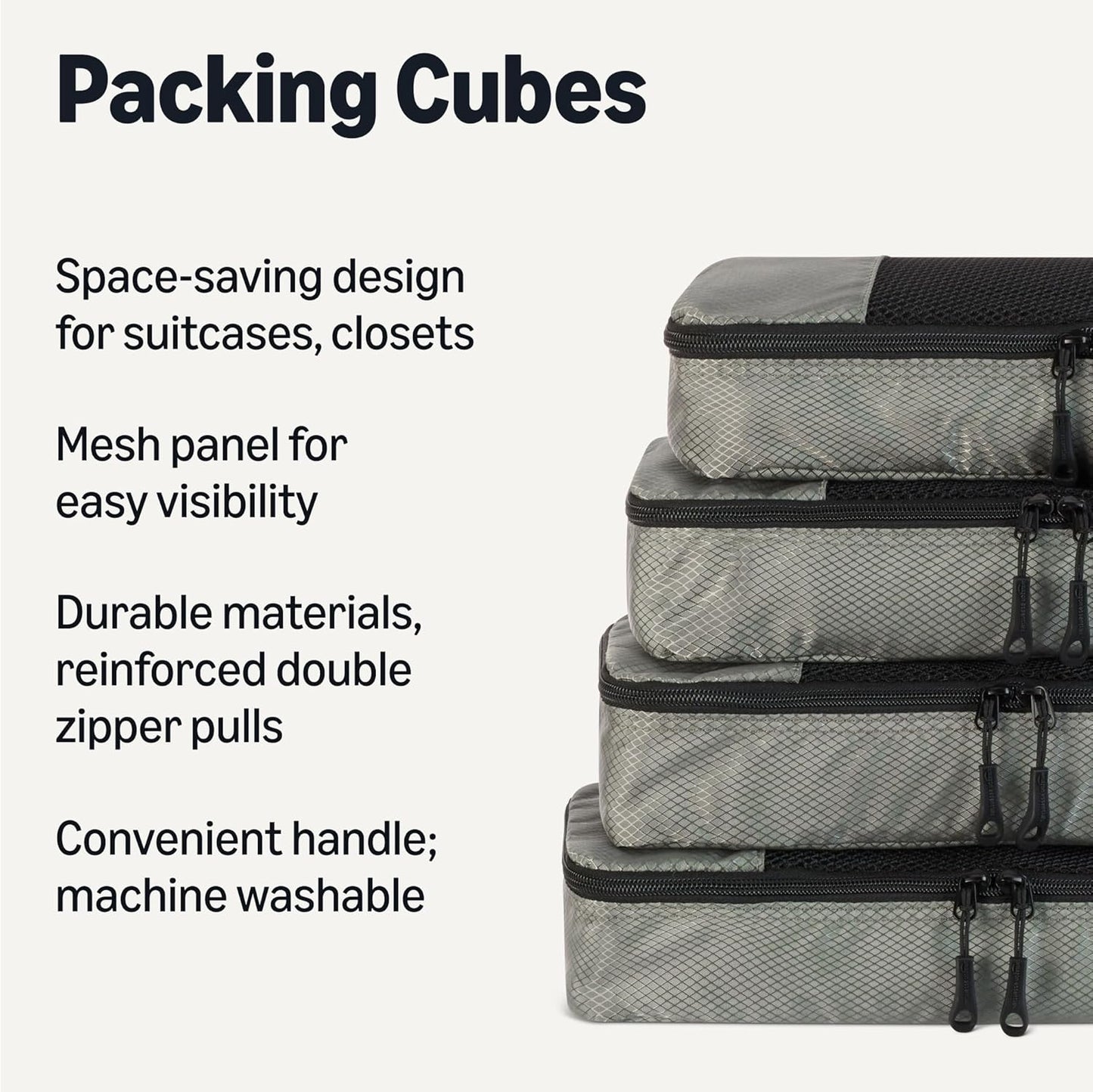 Amazon Essentials 4-Piece Packing Cubes Travel Accessories Set, Luggage Organizer with Double Zipper, Mesh Top, 100% Polyester, Slim, Gray (Previously Amazon Basics)