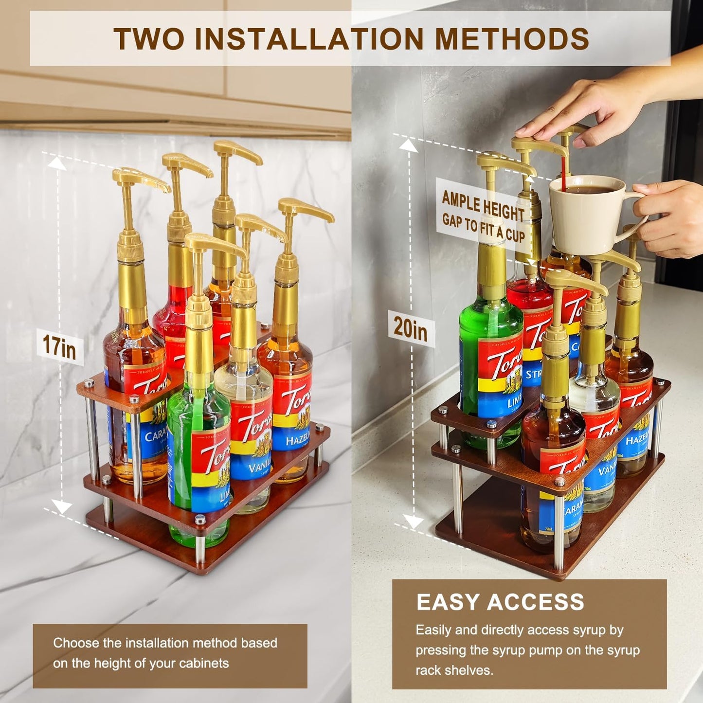 Coffee Syrup Organizer Rack,2-Tier Coffee Syrup Stand Holder for Coffee Station Countertop,6 Bottles Storage Display Shelves for Wine, Dressing Cocktail in Coffee Bar
